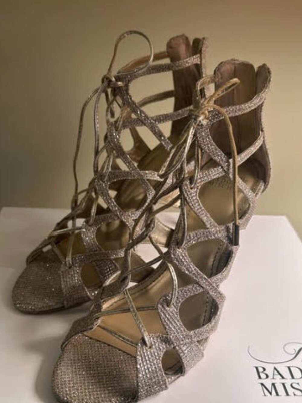 Badgley Mischka Zandra Strappy 4" Heels Gold W/zip-up